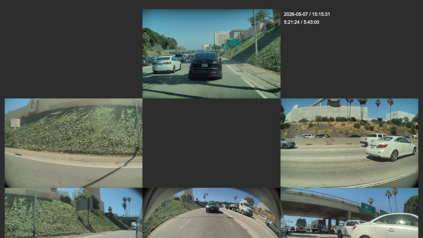 TVM multi-camera synchronized playback showing multiple Tesla dashcam views